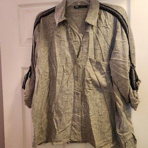 Zara Gray Blouse Black and Silver Metallic Fabric Strip Sleeve Accent Large L